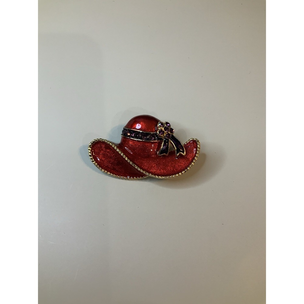 Red Enamel Purple Rhinestone Gold Tone Metal Hat Brooch